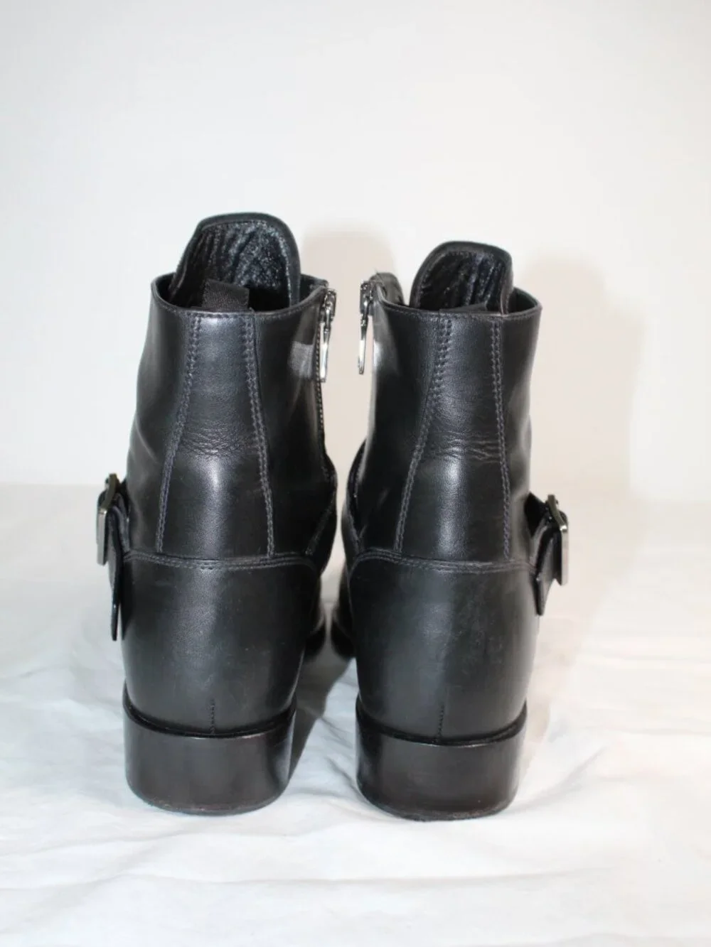 PRADA Black Leather Booties Side Zip Ankle Heel Boots Buckle Lace Up 40
